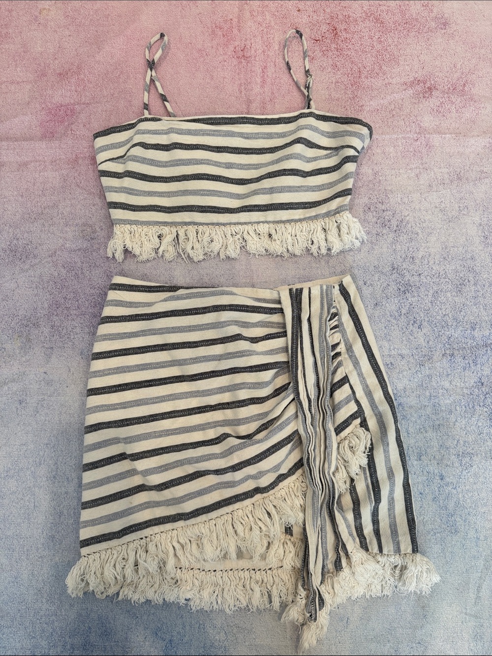 SAYLOR Ivory and Navy Blue striped Fringe Two-Piece Skirt & cropped top Set